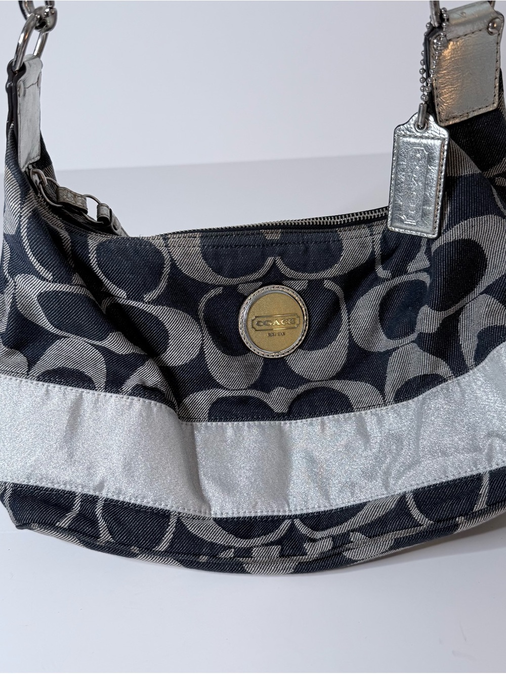 Coach F17434 Carly Denim and Silver Signature Jacquard Hobo made in India